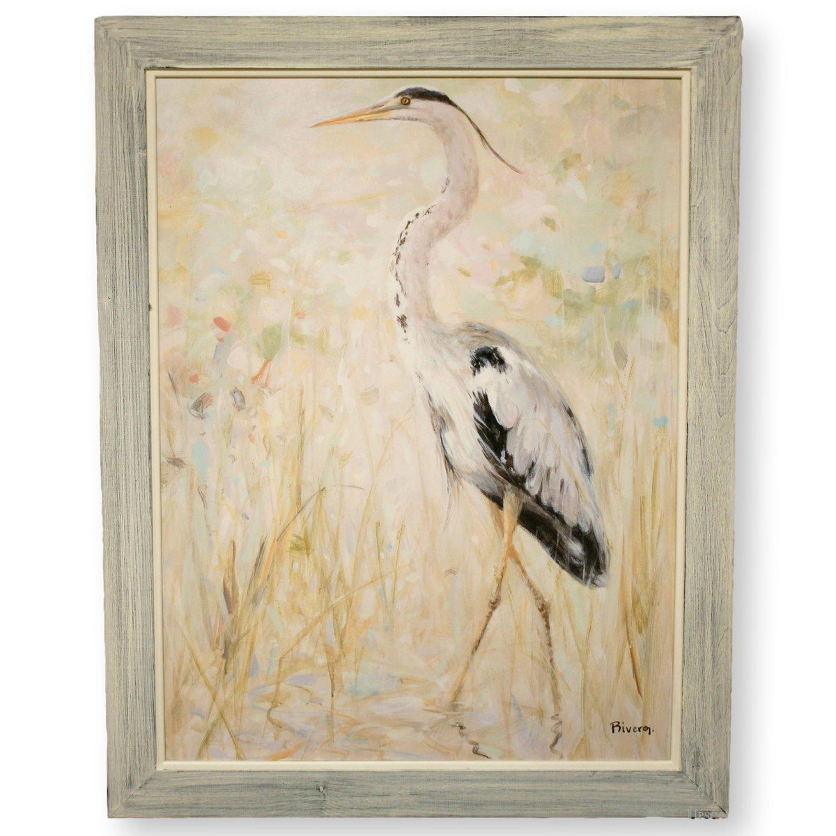 Framed Original Painting Left Facing Gray Heron in the Reeds