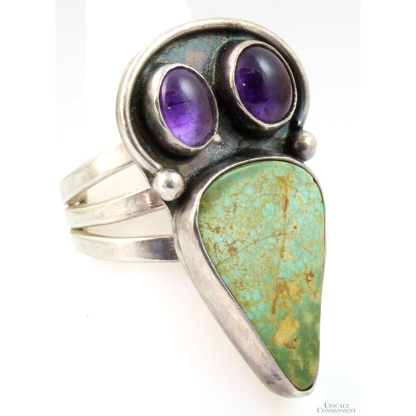 Greenish Turquoise & Amethyst Sterling Silver Raven Ring