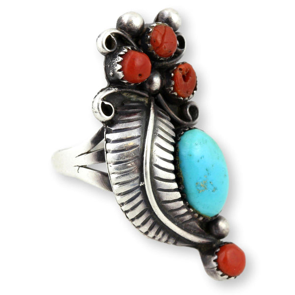 Handcrafted Navajo Turquoise & Coral  Sterling Silver Ring