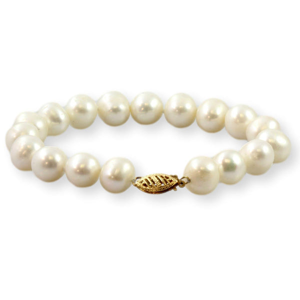 Handknotted 10mm Cultured White Pearl 14K Gold Bracelet