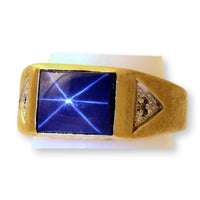 Vintage 10K Gold Natural Blue Star Sapphire & Diamond Gent's Ring