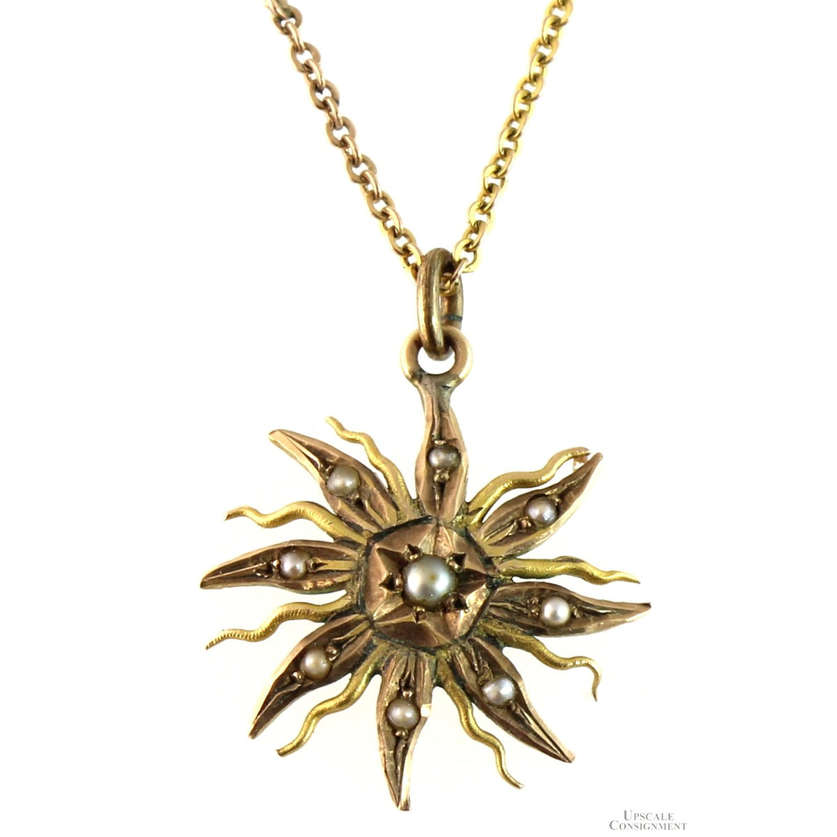 Antique Victorian 14K Gold Natural Seed Pearl Sunburst Pendant Necklace, Two-Tone Rose Gold Star, Circa 1890