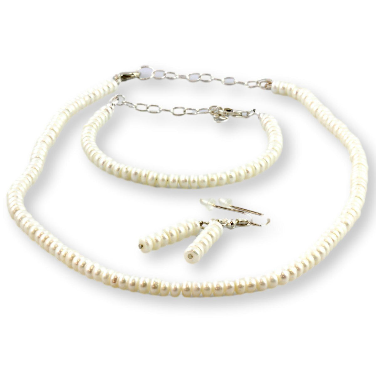 White Cultured Button Pearl Sterling Silver Three Piece Set