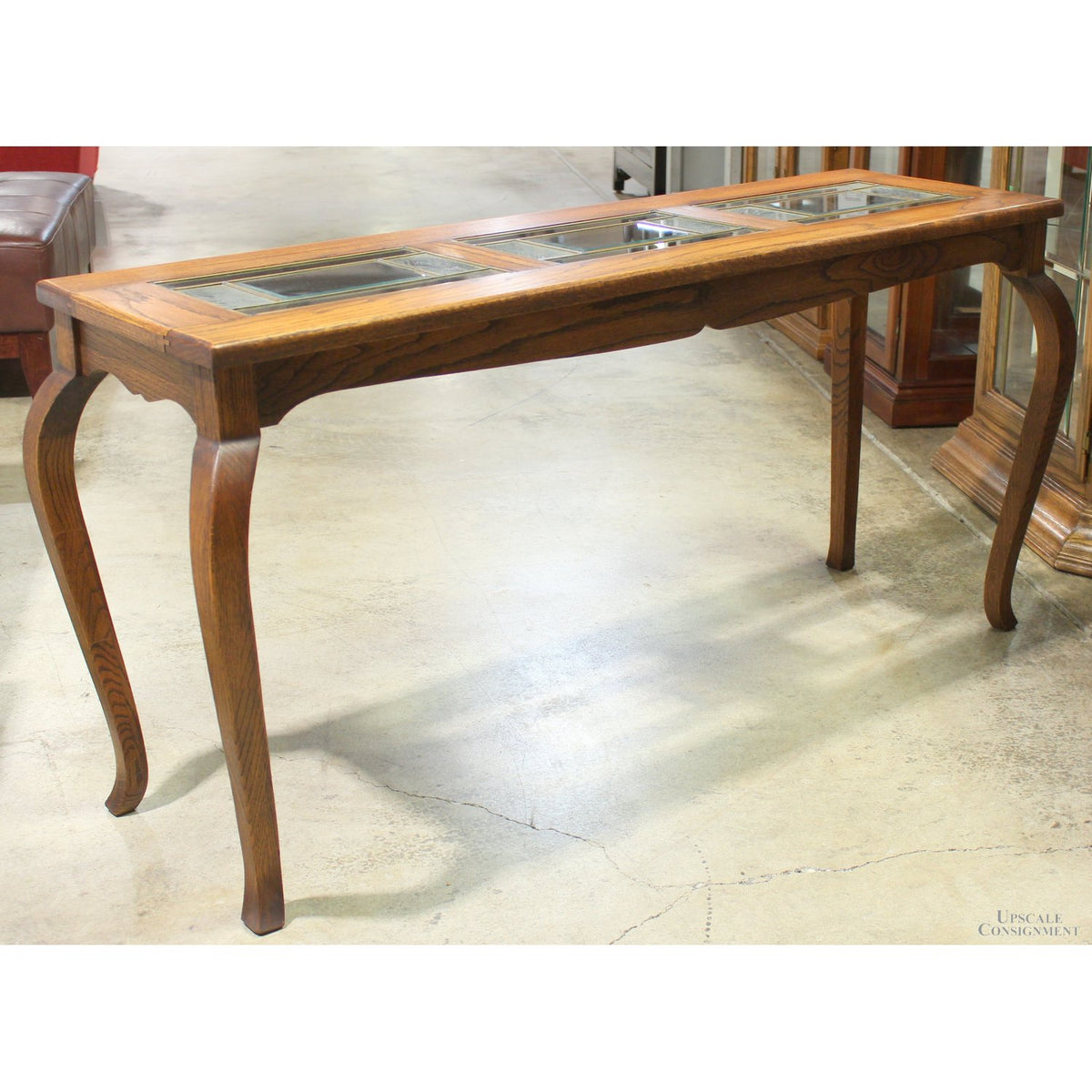 Oak Console Table w/Leaded Glass Inserts