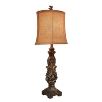 Ornately Carved Table Lamp w/Tan Oval Burlap Shade