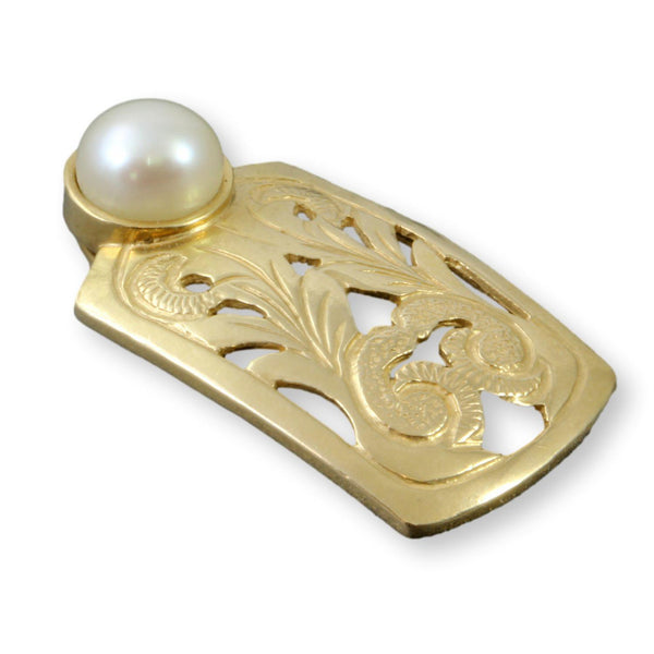 14K Gold Foliate Design Cultured Pearl Pendant