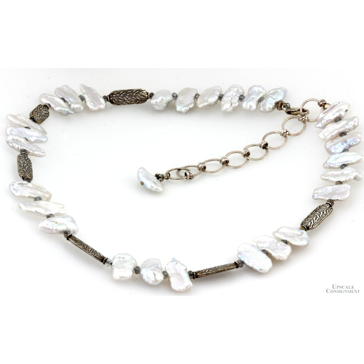 Lake Biwa Japan Pearls, Labradorite, Embossed Sterling Necklace