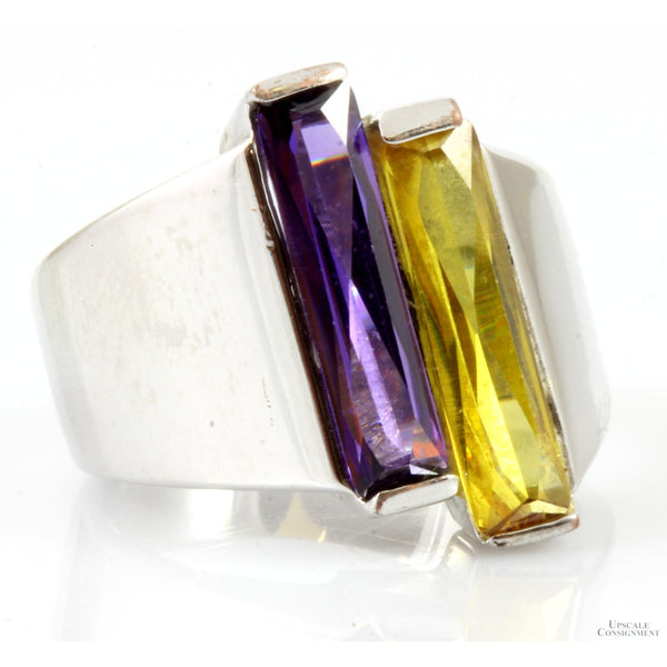 MCM Modernist Purple & Yellow Baguette Shape CZ Sterling Silver Ring