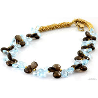 14K Gold Blue Topaz Smoky Quartz Teardrop Bead Necklace