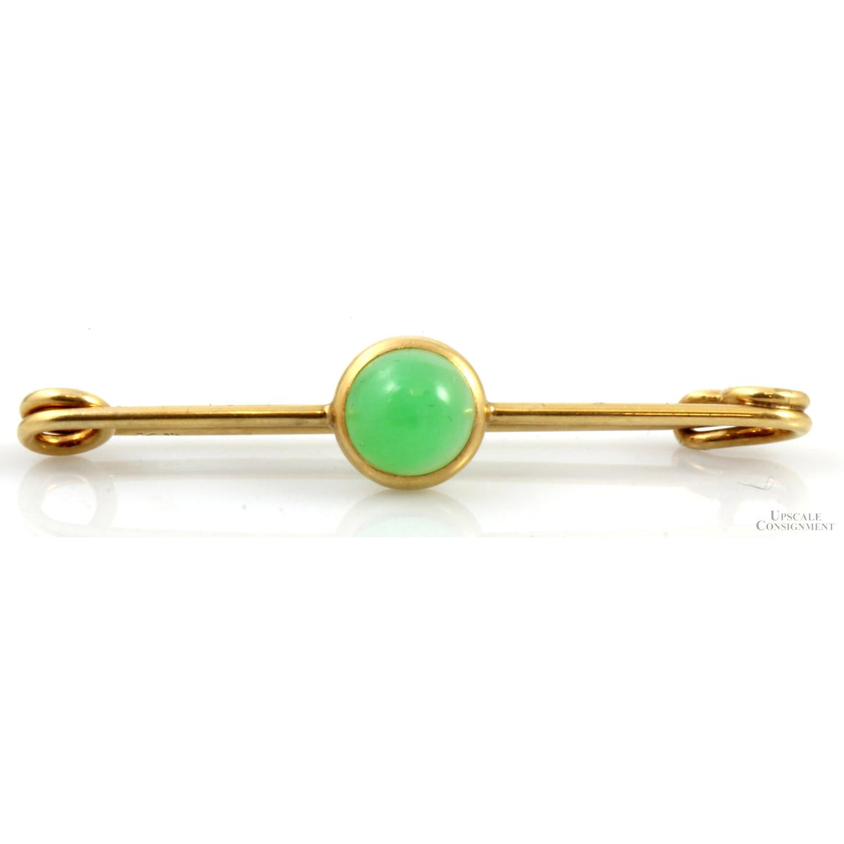 14K Gold Apple Green Jadeite Jade Safety-Pin Design Brooch