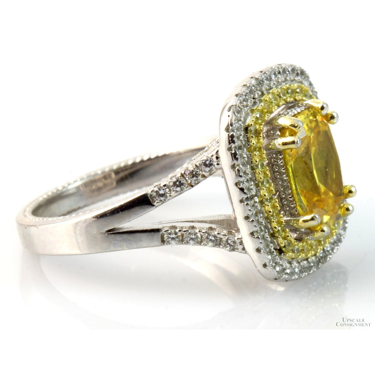 Sterling Silver Yellow & Colorless Double Halo CZ Ring