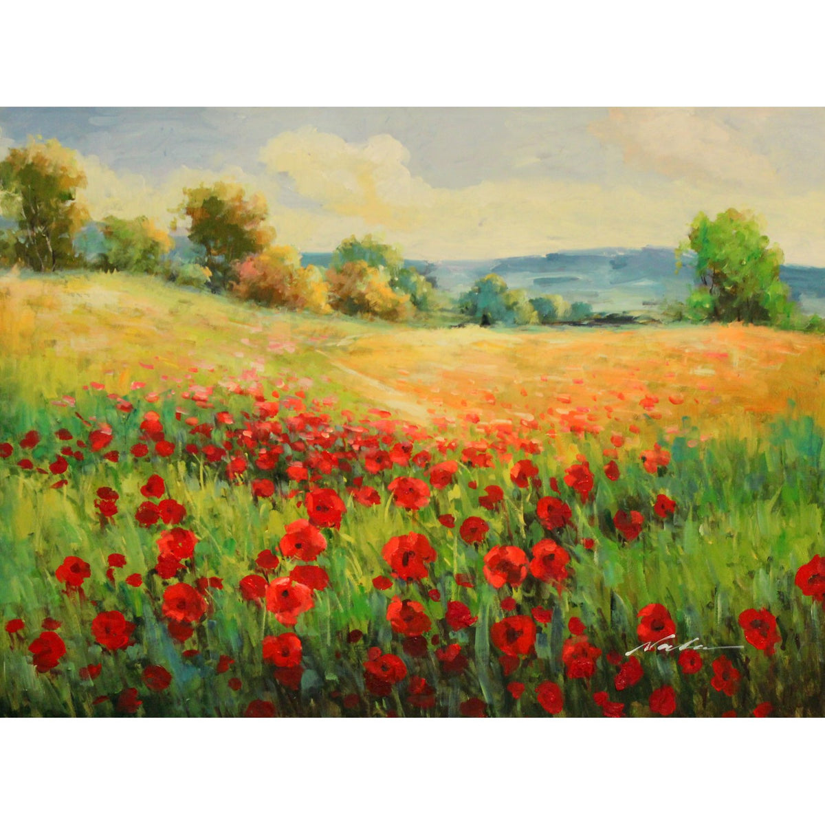 Framed Original Oil Red Flower Landscape