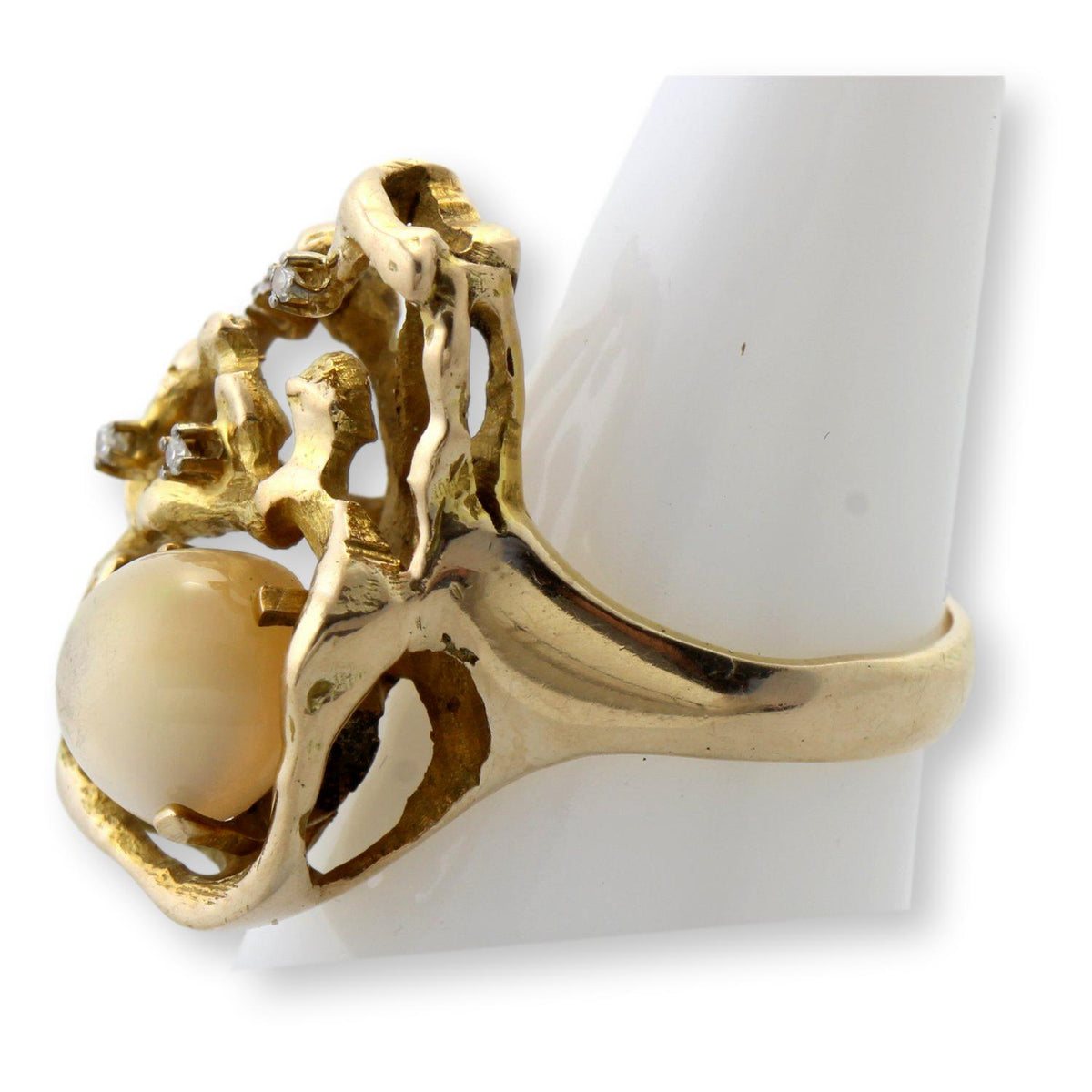 Vintage 14K Gold Australian White Opal & Diamond Ring | Mid-Century Brutalist Design