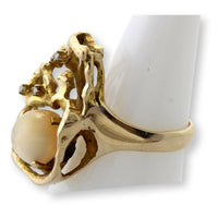Vintage 14K Gold Australian White Opal & Diamond Ring | Mid-Century Brutalist Design