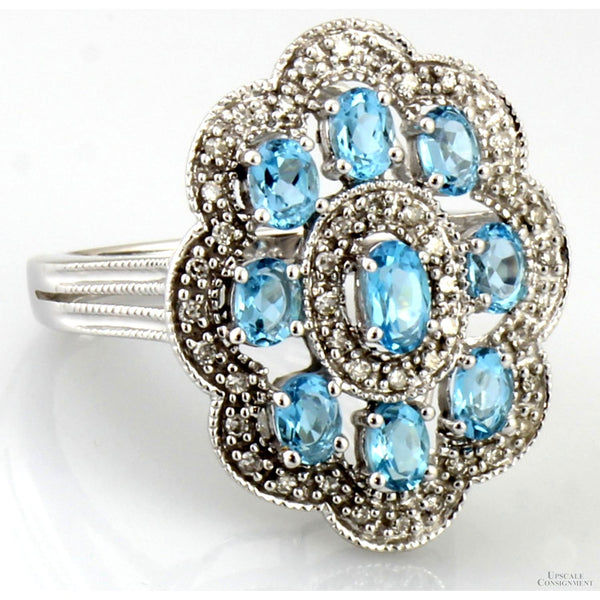 Italian Blue Topaz & Diamond Cluster Ring in 10K Gold by Milor