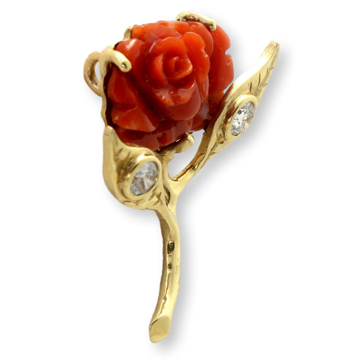 Custom 18K Gold Carved Coral Rose & Diamond Slide Pendant