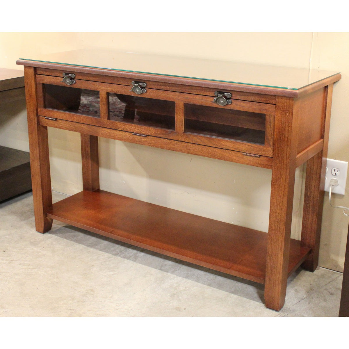Oak Console Table w/Glass Front Storage