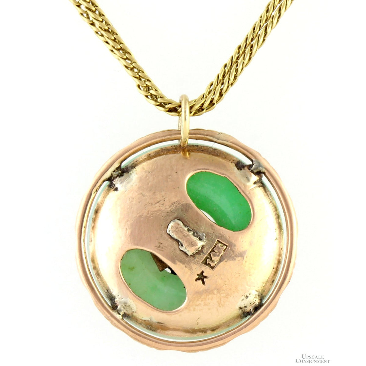 14K Gold Framed Round Pi Jadeite Jade Pendant & Double Chain