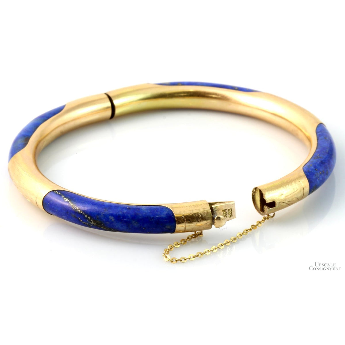 Vintage 14K Gold & Lapis Hinged Bangle | Natural Pyrite Inclusions