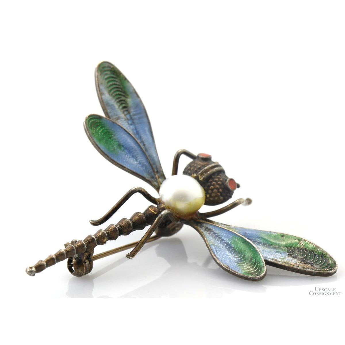 Italian Dragonfly Brooch | Coral, Pearl & Light-Transmitting Plique-à-Jour-Style Enamel