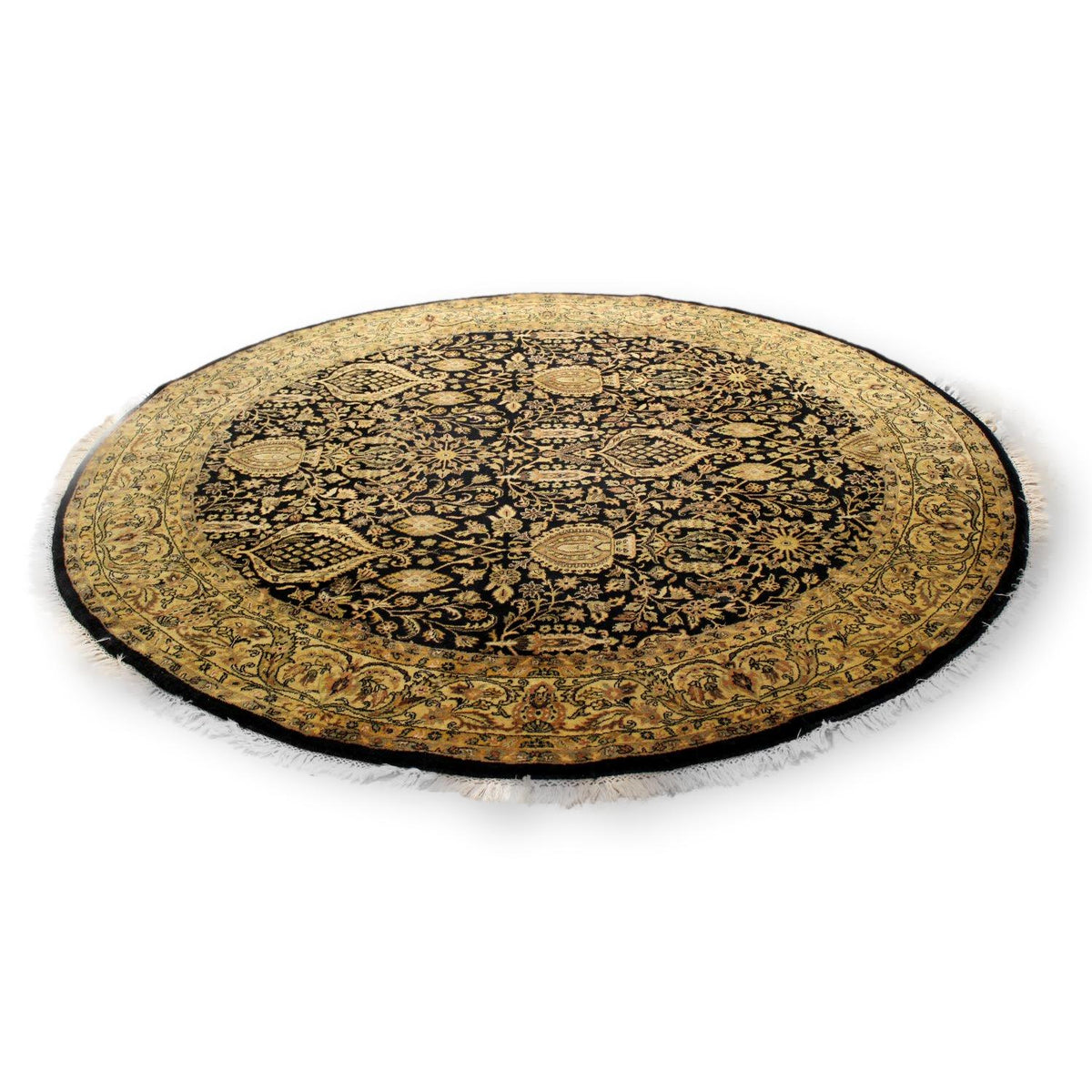 7' Indo Persian Round Black & Gold Area Rug