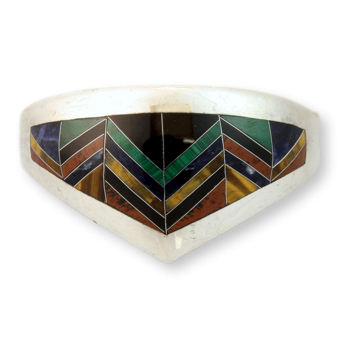 Vintage Mexican 950 Fine Silver Multi-Stone Inlay Hinged Bangle Bracelet