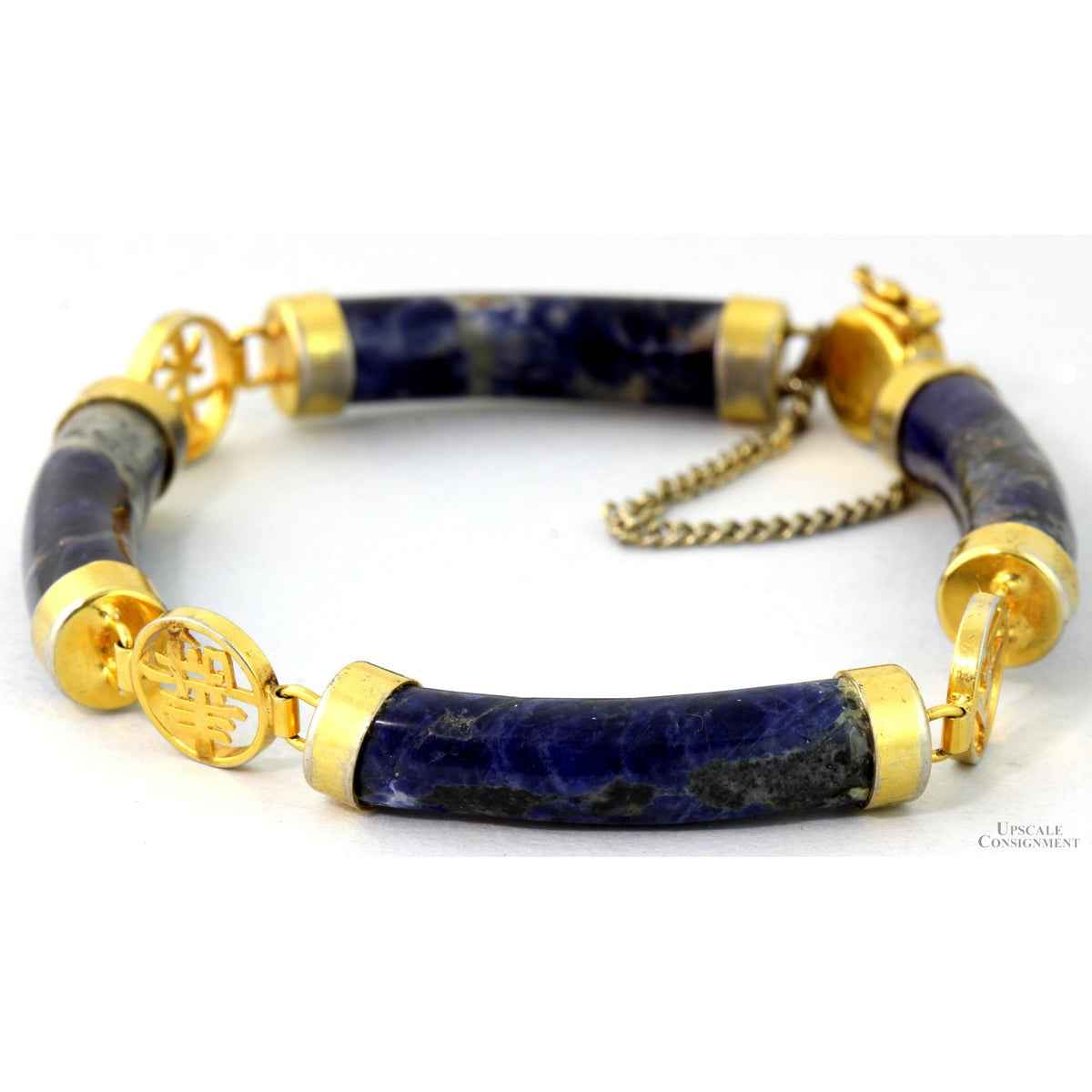 Natural Sodalite Link Bracelet with Gold Tone Accents - Safety Chain
