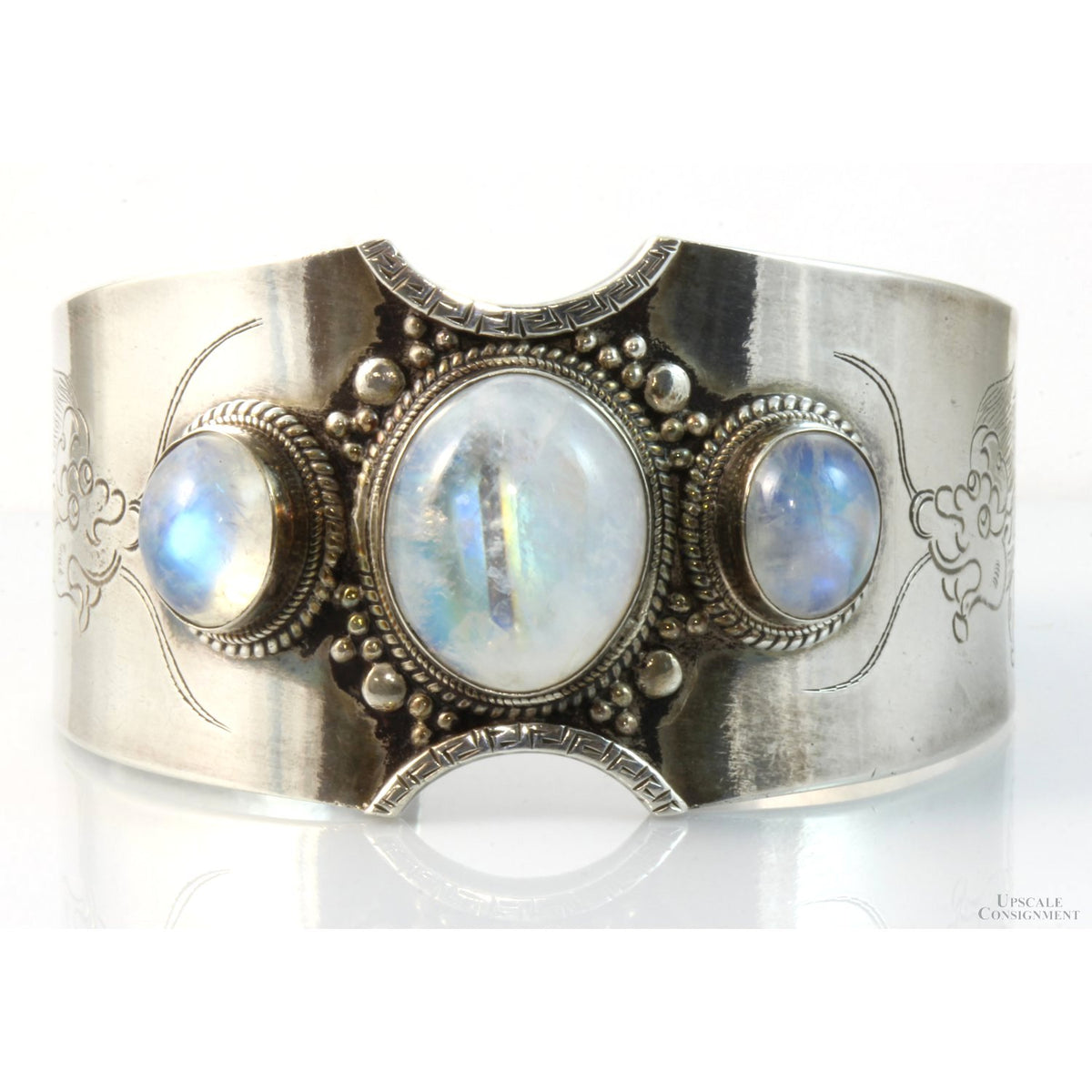 Sterling Silver 3-Stone Rainbow Moonstone Etched Dragon Cuff