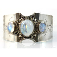 Sterling Silver 3-Stone Rainbow Moonstone Etched Dragon Cuff