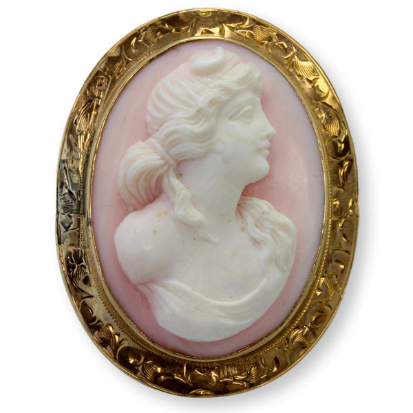 High-Relief Shell Cameo Brooch 14K Gold Engraved Frame