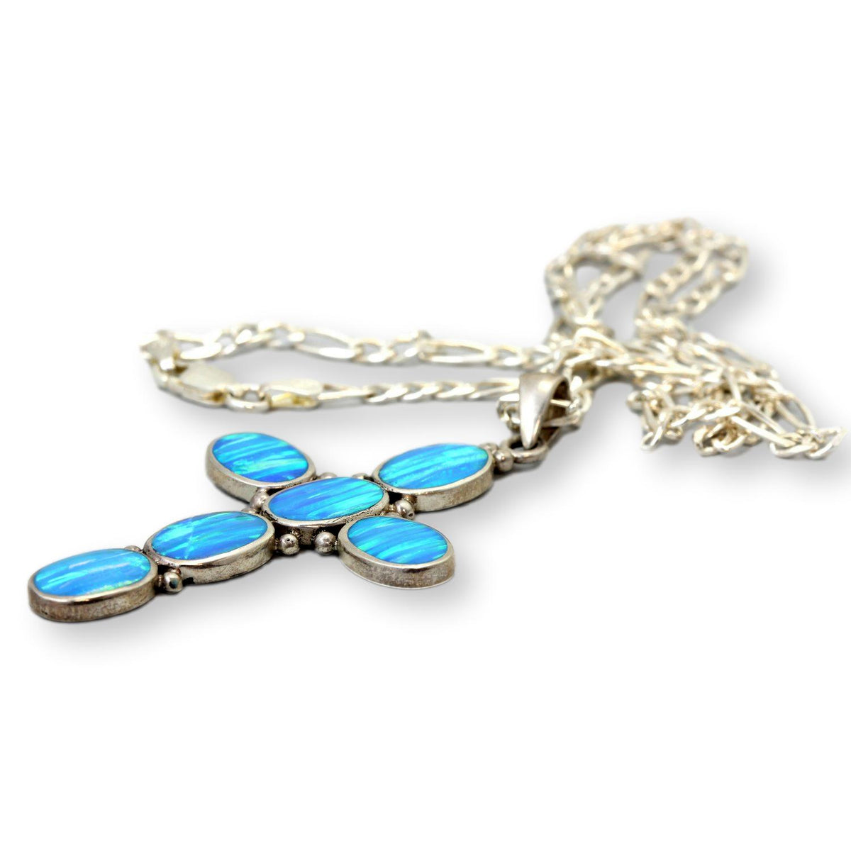 Vintage Sterling Silver Blue Created Opal Cross Pendant & 18" Chain