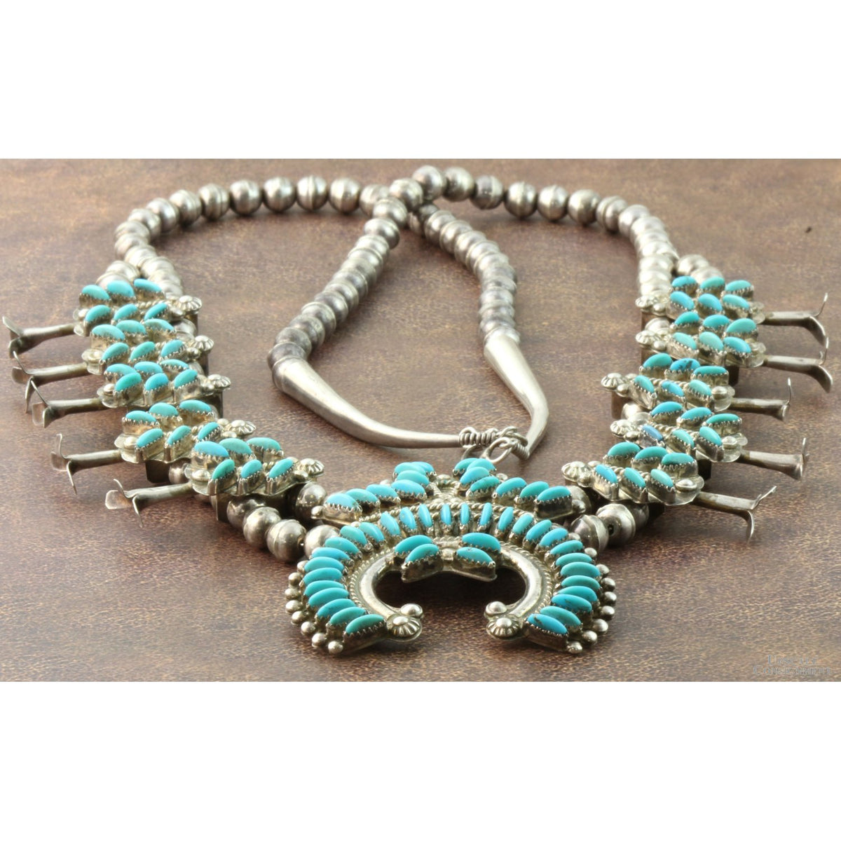 Zuni Needlepoint Turquoise & Sterling Silver Squash Blossom Necklace