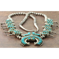 Zuni Needlepoint Turquoise & Sterling Silver Squash Blossom Necklace