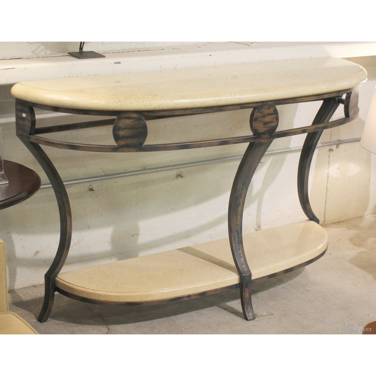 Travertine & Metal Demilune Console Table