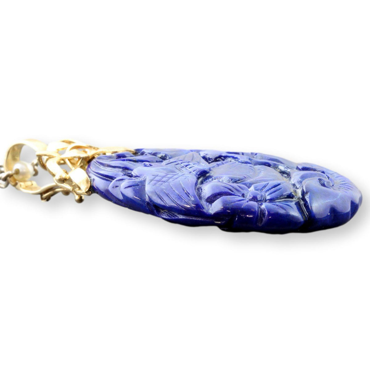 Double-Sided Carved Lapis Pendant - 14K Enhancer Bail