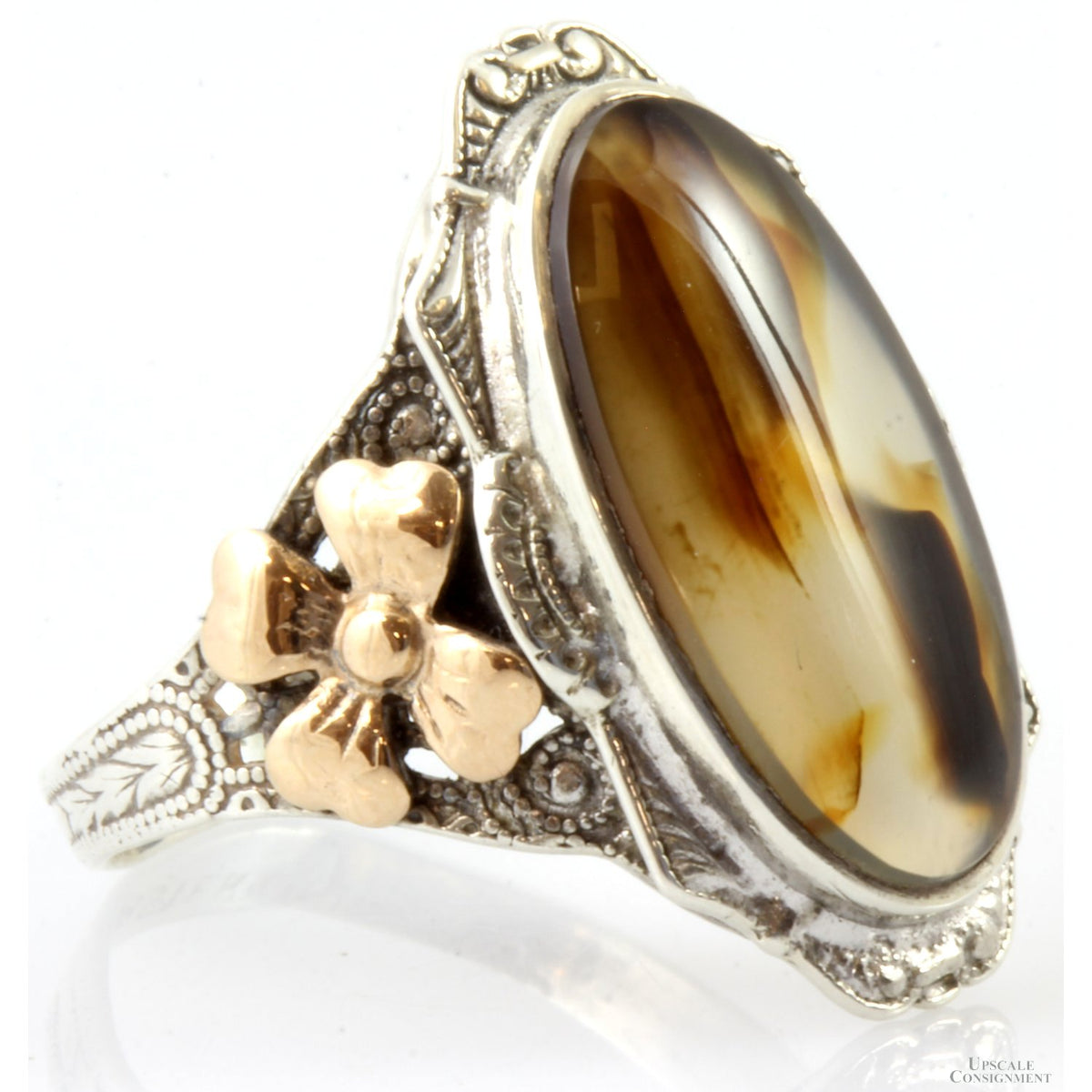 Art Nouveau Sterling & 14K RGP Dendritic Agate Antique Ring