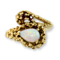 Mid-Century Modern Australian Opal & Ruby 14K Gold Ring