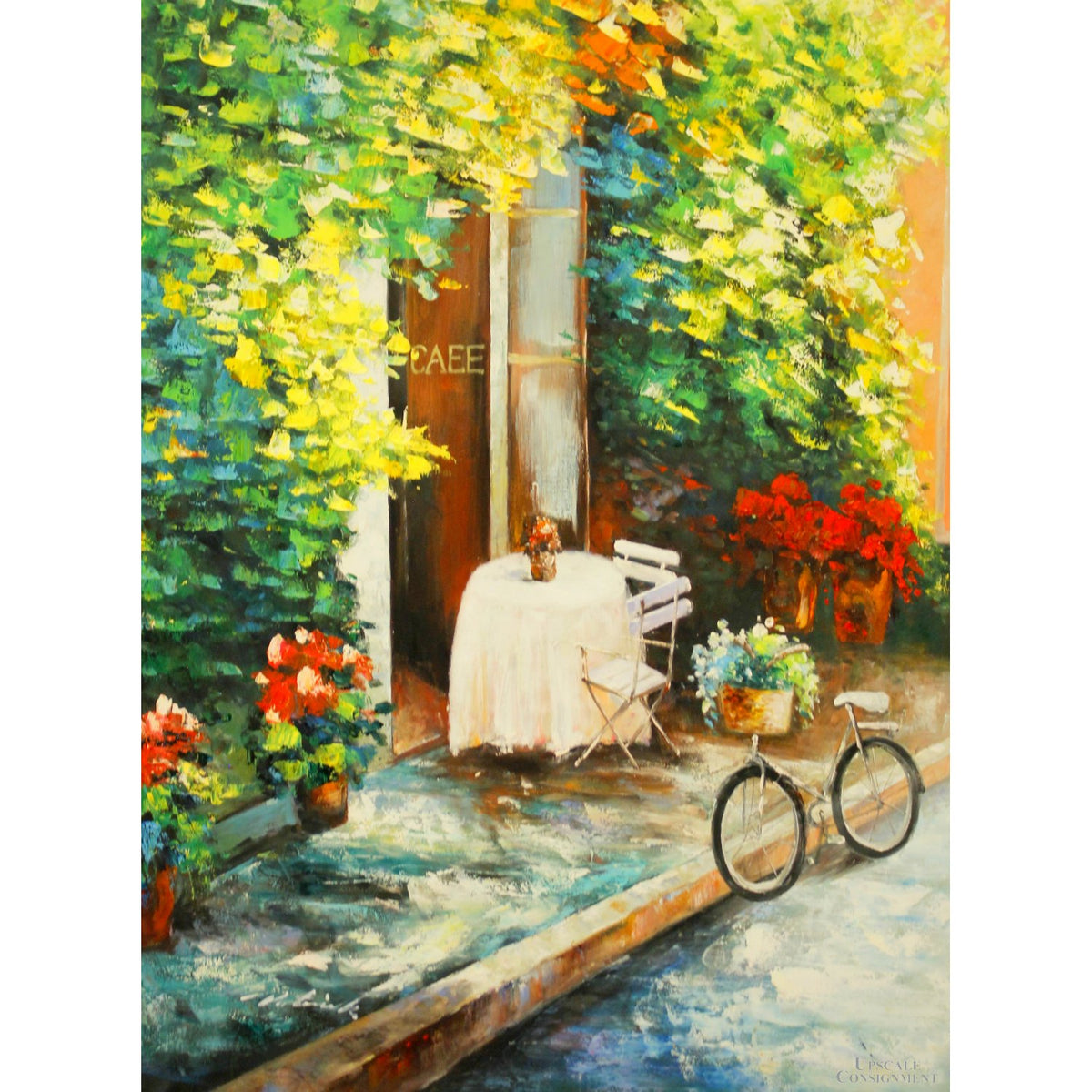 Framed Original Painting Cafe w/Florals & Bicycle