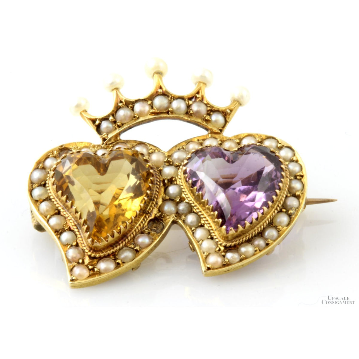 Amethyst Citrine Pearl Double Heart 15K Gold Antique Sweetheart Pendant-Brooch