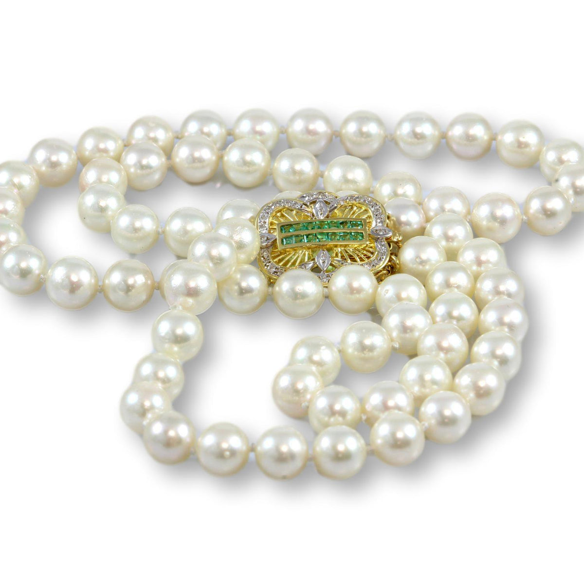 24" Cultured Pearl Strand -  Emerald & Diamond 14K Clasp