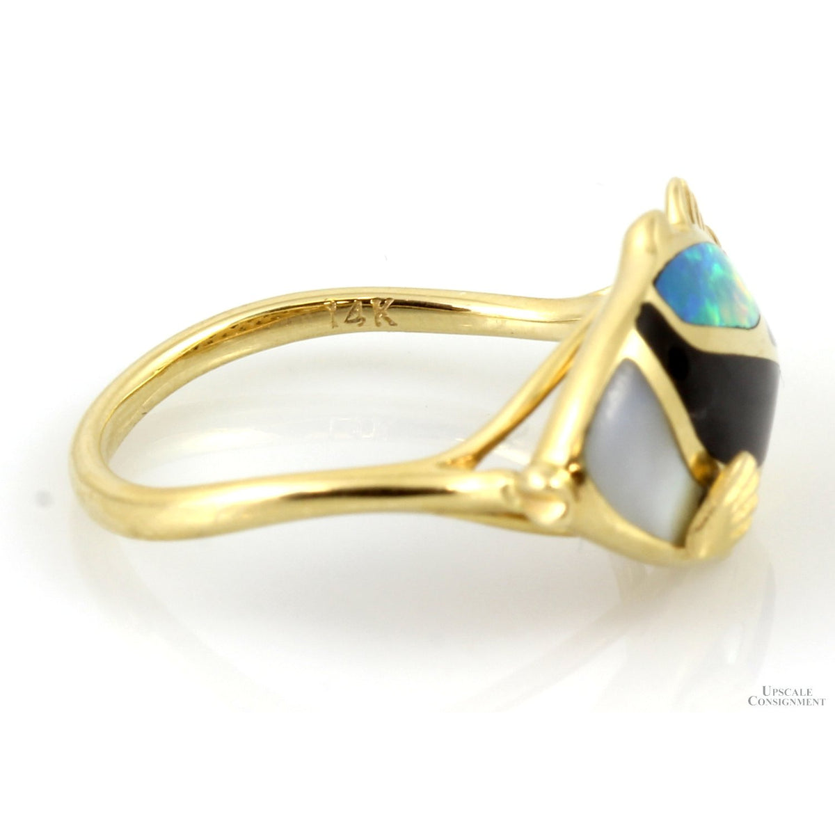 14K Gold Opal, Onyx, Shell Inlay Hawaiian Humuhumu Fish Ring