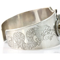 Sterling Silver 3-Stone Rainbow Moonstone Etched Dragon Cuff