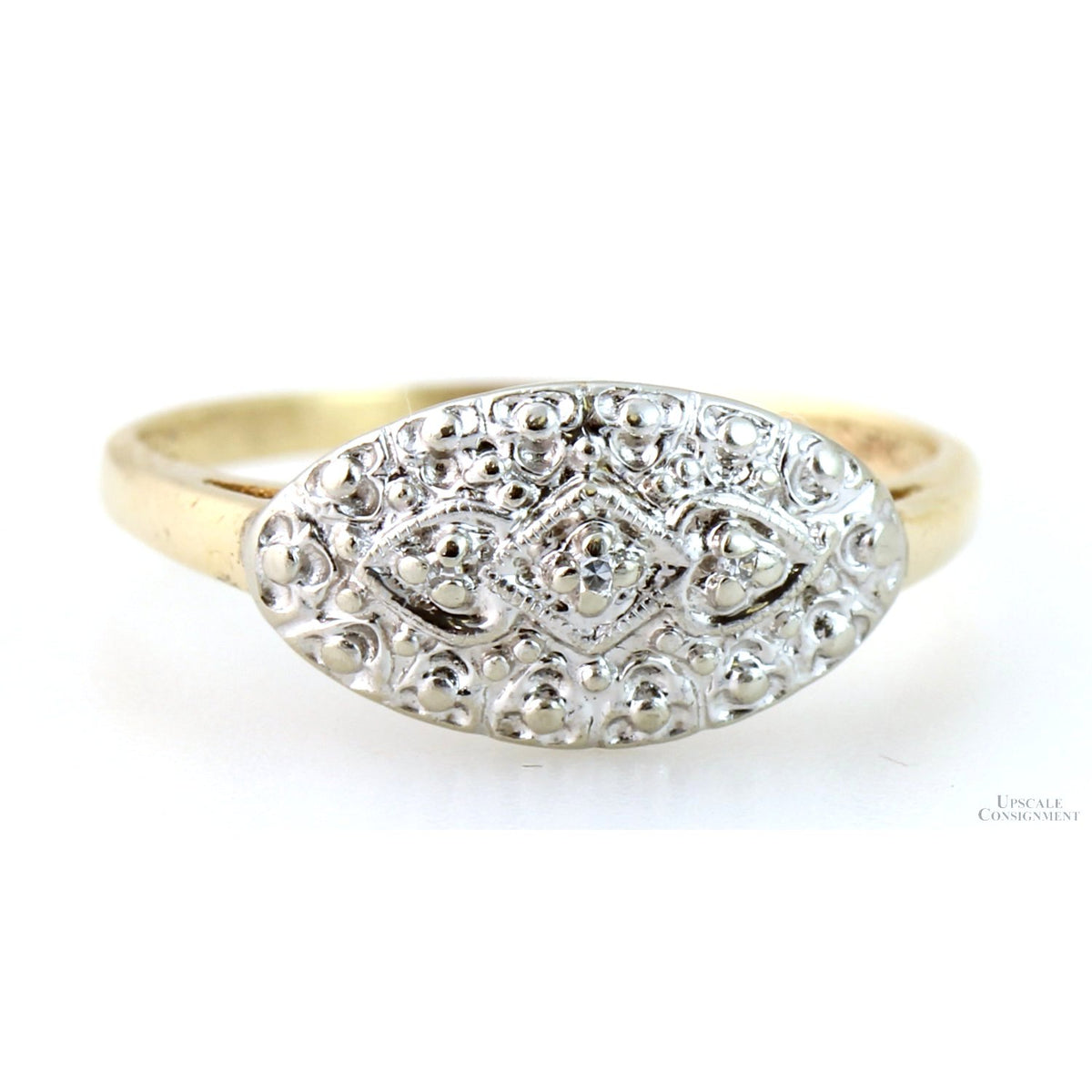 Vintage Two-Tone 10K Gold Art Deco Embossed Oval Face Diamond Ring