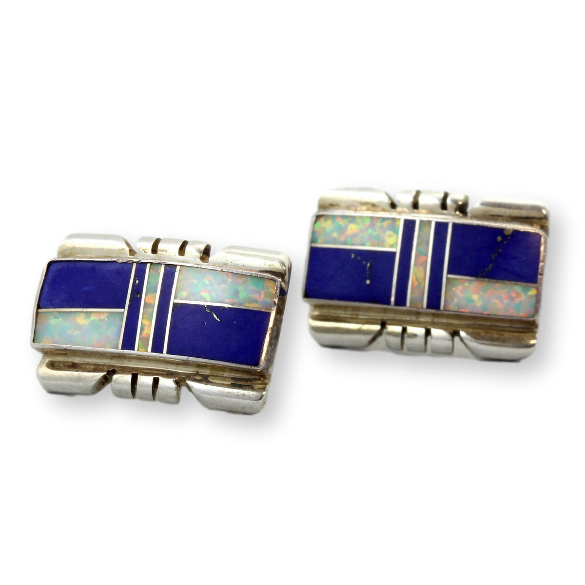 Sterling Silver Blue Lapis & White Opal Inlay Earrings