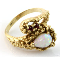 Mid-Century Modern Australian Opal & Ruby 14K Gold Ring