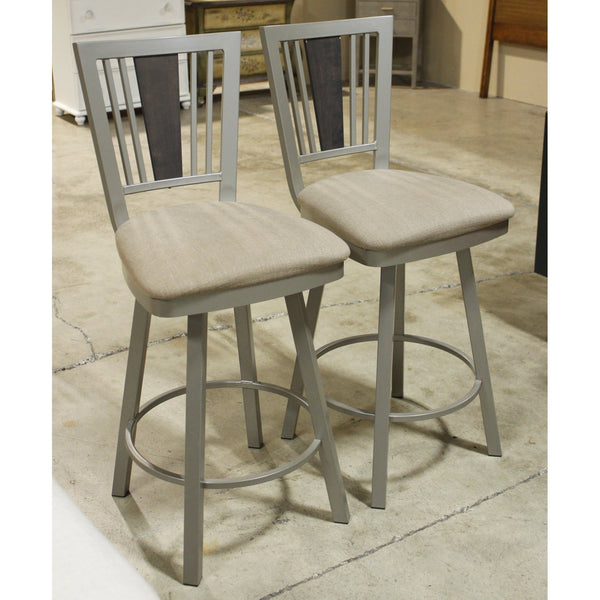 Pair Gray Metal Swivel Counter Stools