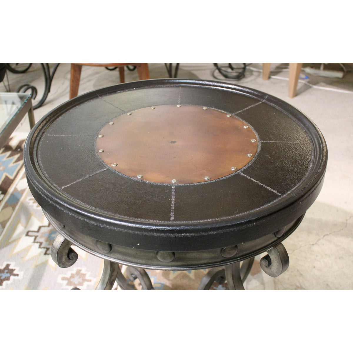 Round Metal & Leather Top Accent Table w/Nailhead