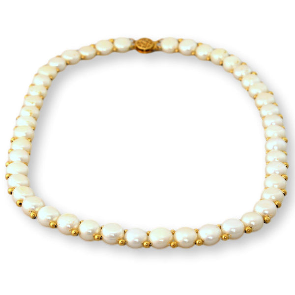 14K Yellow Gold Cultured Pearl Necklace – 9.5mm White Pearls with Gold Spacer Beads