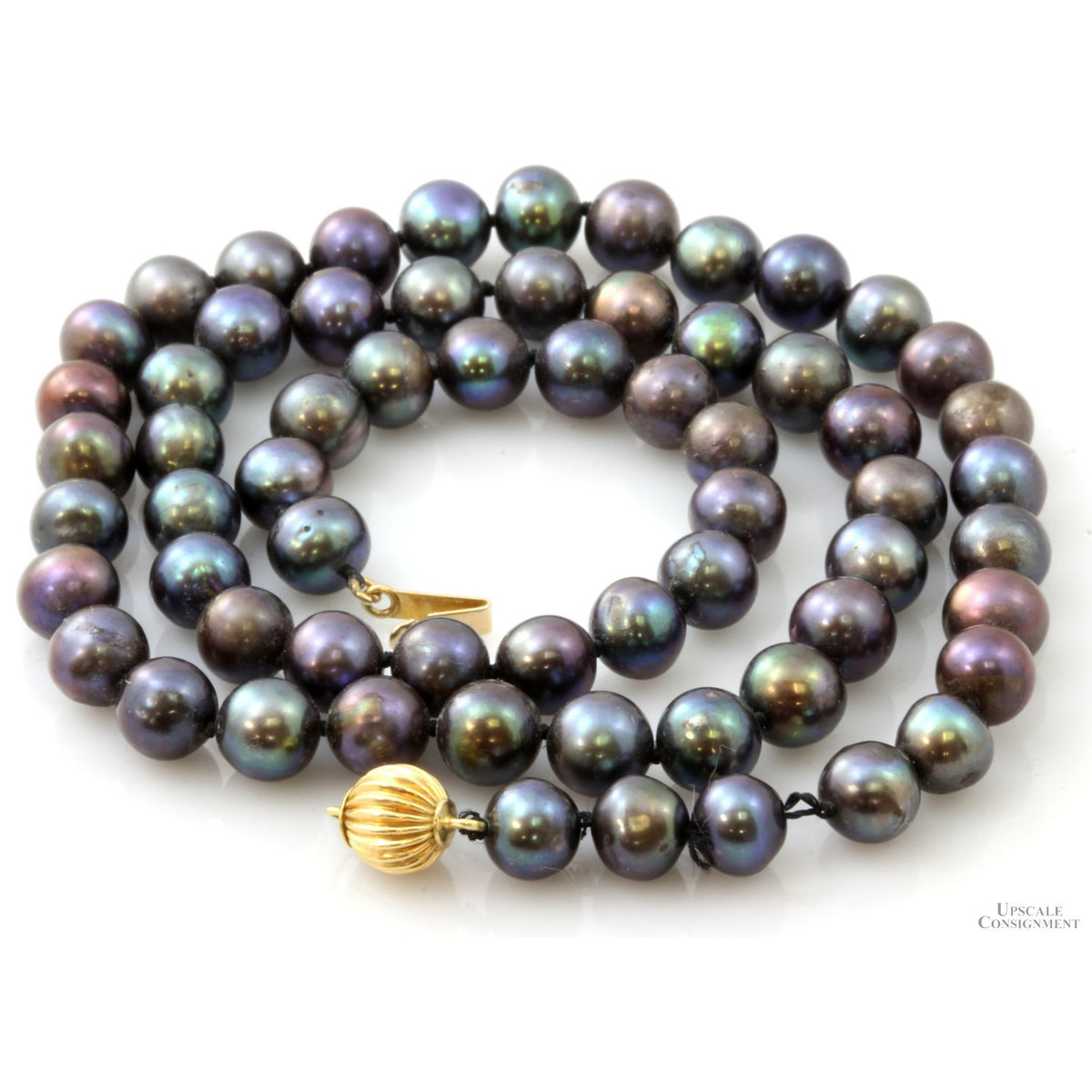 Handknotted 6mm Black Pearl Strand Peacock Overtone 14K Gold Clasp
