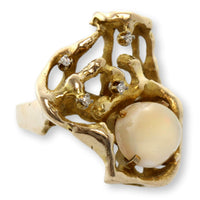 Vintage 14K Gold Australian White Opal & Diamond Ring | Mid-Century Brutalist Design